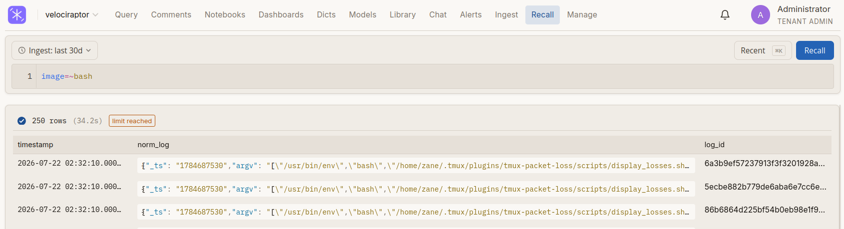 A Recall search over the archive, scoped to an ingest-time window