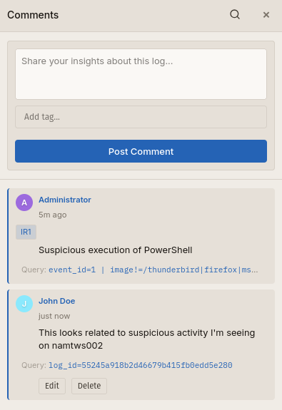 Comments on log entries in Bifract